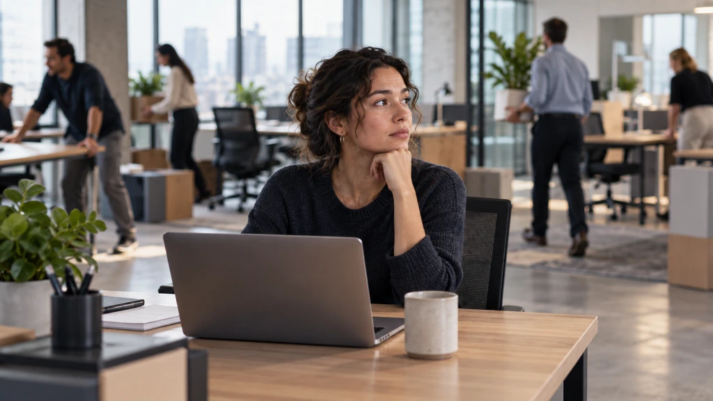 An employee working while the surrounding office shifts around them