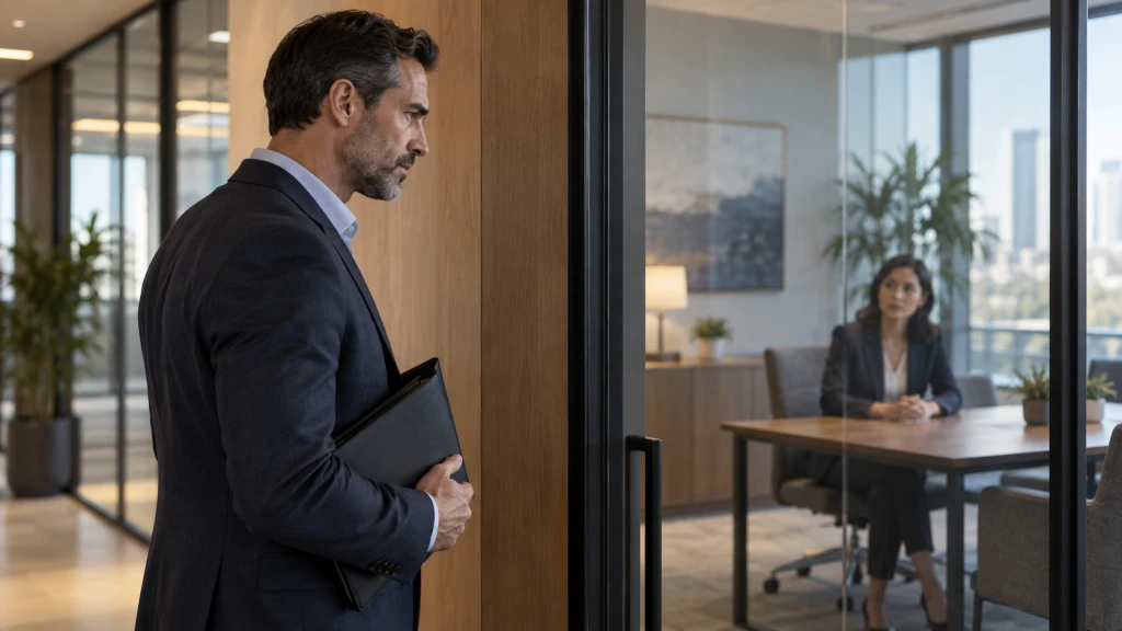 A manager pausing before a difficult conversation with an employee