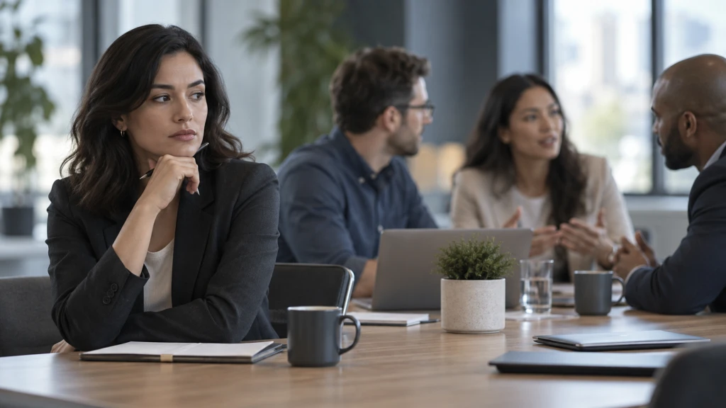 A previously engaged employee pausing before speaking in a team meeting