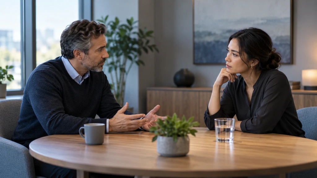 A manager and employee pausing in a serious but constructive workplace conversation